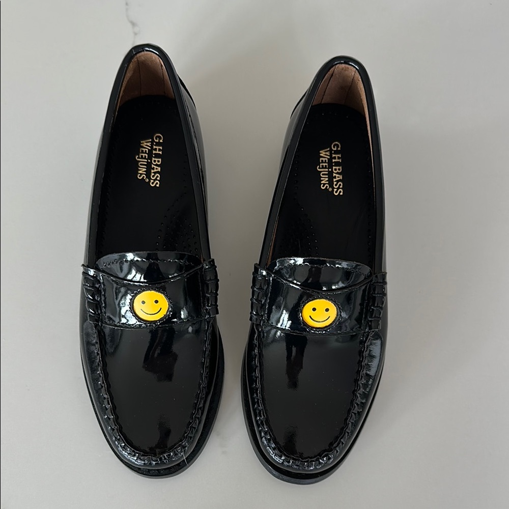 G.H. Bass & Co. Black Loafers with Yellow Smiley